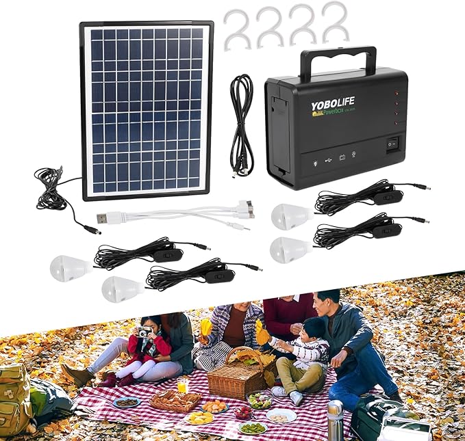 Solar Inverter with Solar Panel &amp 4 LED Lights 12V 4A Portable Power Generator Kit Emergency Energy Storage with USB DC Outlets Power Station for Home Backup Outdoors Camping Travel Hunting RV