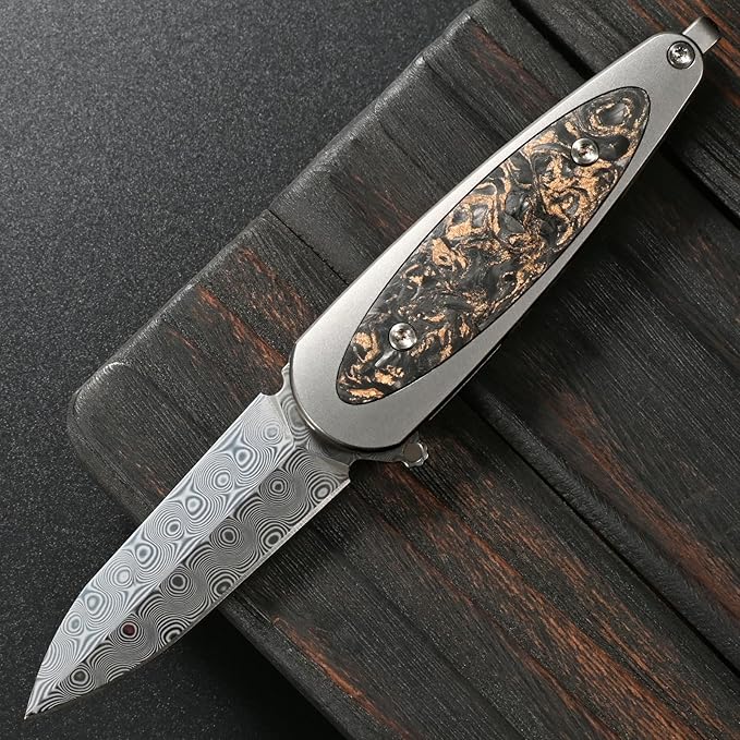 Sitivien ST228 Damascus Steel Folding Knife Copper Platinum Carbon Fiber Inlays Handle and Rose Print Pattern Blade EDC Tool Knife for Outdoor Camping Hiking Hunting(Gray) …