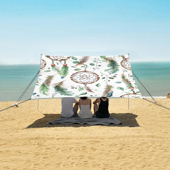 ALAZA Watercolor Dream Catchers Thread Garland Feathers and Green Twigs Beach Tent Sun Shelter Portable Canopy Sunshade for Outdoor Camping Picnics Backyard Fun 10x9 ft