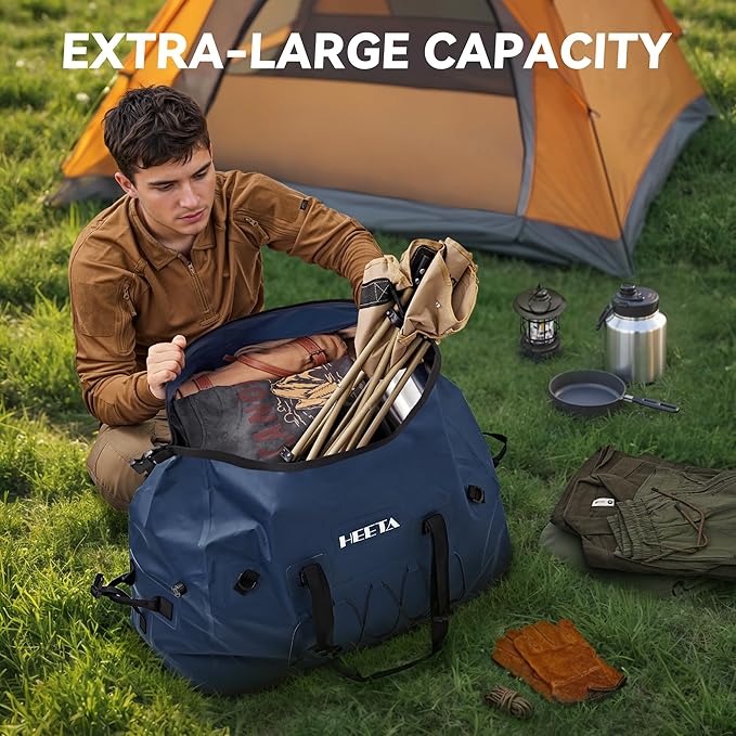 HEETA Waterproof Duffel Bag Motorcycle Dry Bag Backpack 60L/80L Extra Large Rolltop Travel Duffle Bags with Straps &amp Handles for Kayaking Rafting Boating Canoeing Camping Gym Beach Cruise Ship