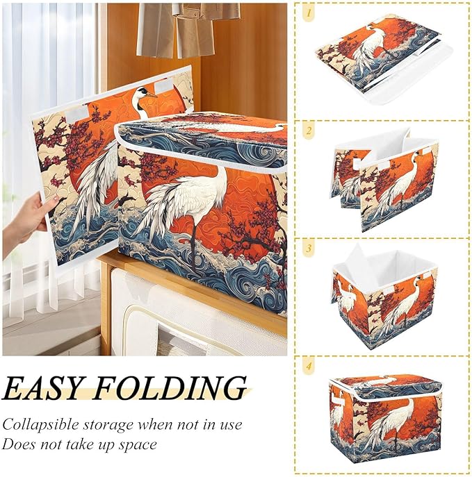 Collapsible Storage Bins Crane Waves Cherry with Lids &amp Handles Foldable Storage Boxes Basket with Flip-Top Lid for Home Office 16.5” x 12.6” x 11.8”