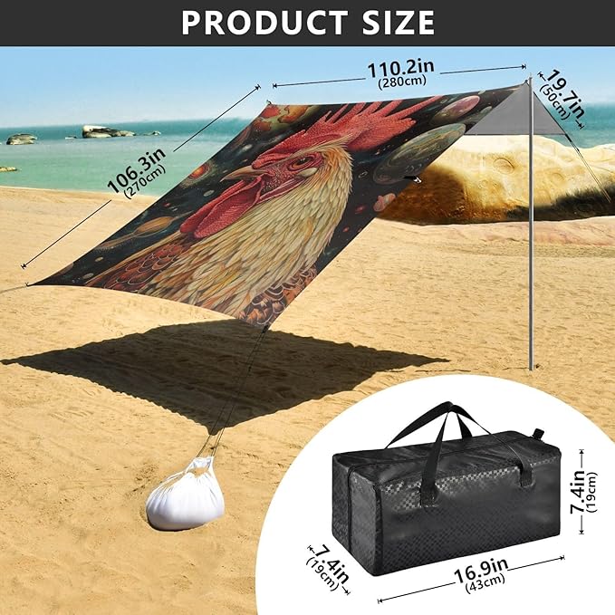 ALAZA Rooster Space Beach Tent Sun Shelter Portable Canopy Sunshade for Outdoor Camping Picnics Backyard Fun 10x9 ft