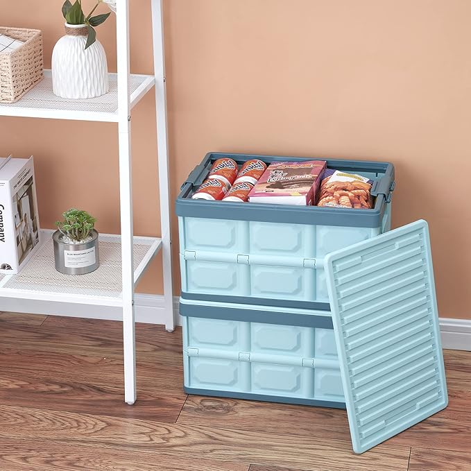 Blue Folding Plastic Stackable Utility Crates 2-Pack Collapsible Storage Bins with Lids 30L Durable Containers for Home &amp Garage Organization