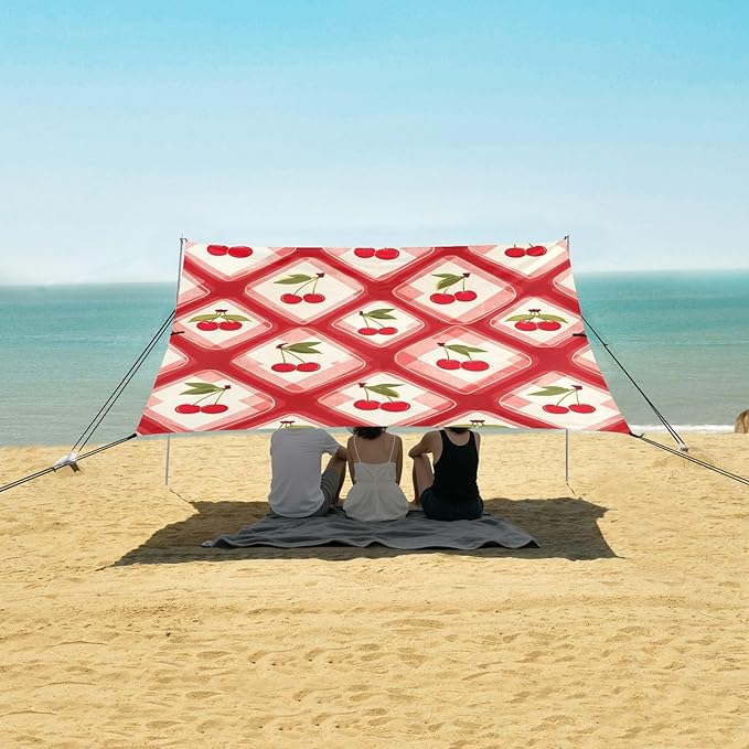 Beach Canopy with Windproof Ropes &amp Sandbags Beach Tent Sun Shade Sun Shelter for Camping Trips Fishing Backyard Fun or Picnics Cherry