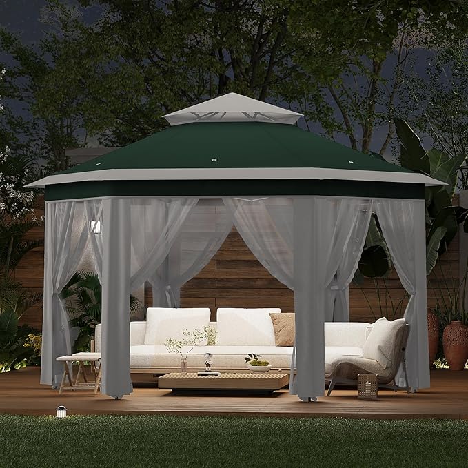 Pop-Up Gazebo 13 * 13 ft 6 Sided Canopy Tent with Mesh Windows &amp Portable Carry Bag Adjustable Tent Outdoor Pergola for Backyard &amp Patio Furniture (Green + Beige)