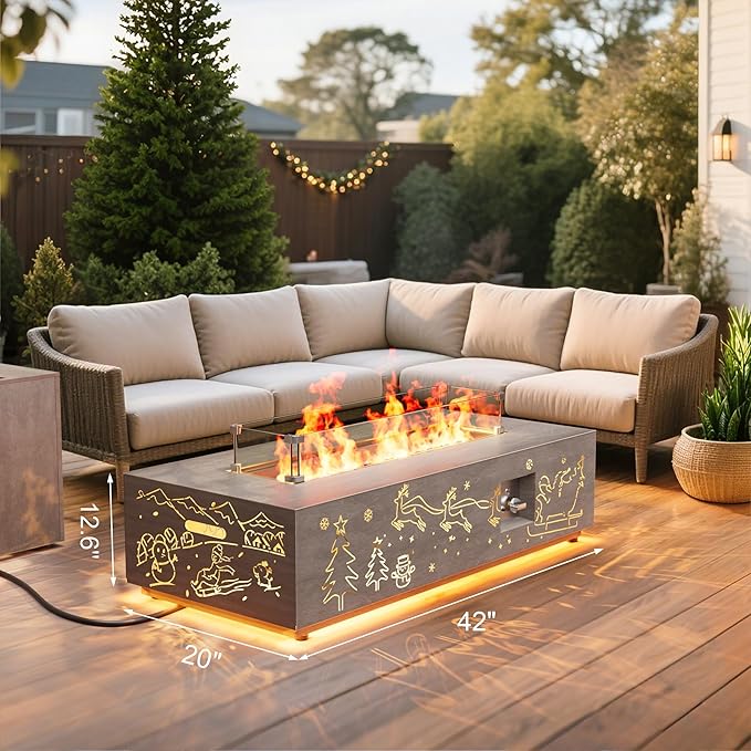 42 Outdoor Fire Pit Table 50000 BTU Gas Fire Pit with Glass Wind Guard Fire Stones Waterproof Cover Propane Fire Pit Table for Outside Patio Hollow-Out (Elk Brown)