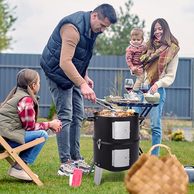 32 Vertical Steel Charcoal Smoker GrillHeavy Duty BBQ GrillsOutdoor Camping Backyard Barbecue GrillMetal Barbecue Smokerswith Thermometerfor Patio Garden Beach Porch Lawn Yard (Black)