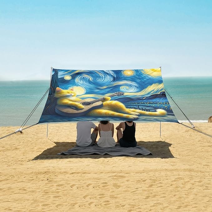 Starry Night Guitar Cat Beach Tent Sun Shelter Set UPF50+ UV Protection 10.5 x 9.19 FT Camping Shade Canopy with Sandbags Sand Anchors Carrying Bag and Others