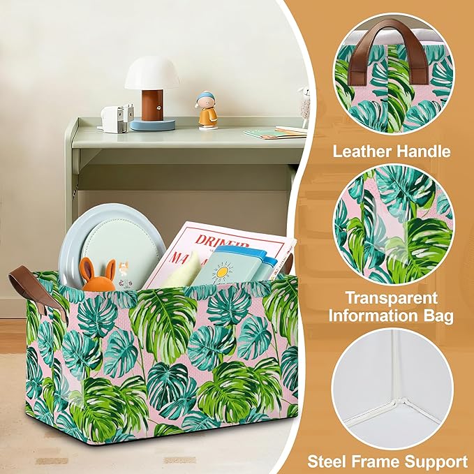Storage Bin with Handles Palm leaves Collapsible Laundry Baskets for Books Laundry - Use in Nursery Closet Organizers and Storage Blanket Basket
