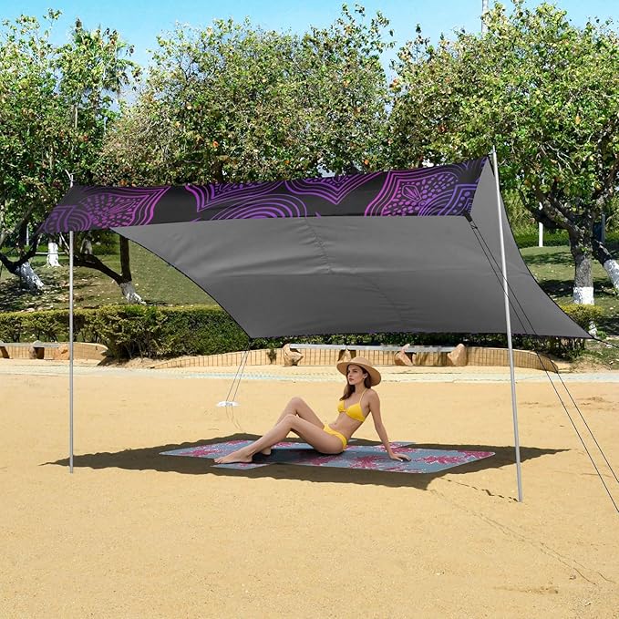 ALAZA Rainbow Mandala Boho Lotus Beach Tent Sun Shelter UPF50+ Protection Beach Shade Canopy w/ 4 Sandbags for Outdoor Camping Fishing Backyard Fun Picnic 10x9 ft