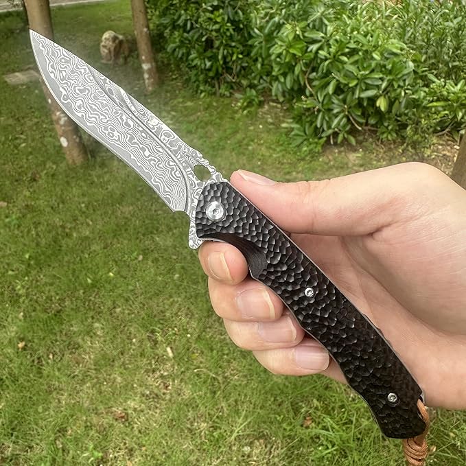 Damascus Steel Folding Pocket Knife 3.54 VG10 Blade for Men and Women Ebony Handle EDC Knife with Liner Lock for Outdoor Survival Camping Collection Hunting