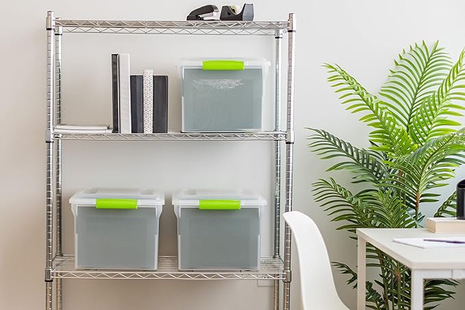 IRIS USA File Box File Organizer Plastic File Box for Letter/Legal File BPA-Free Plastic Storage Bin Tote Organizer w/Secure Latching Lid and Easy-Slide Pad Clear 35 Qt. 4Pack