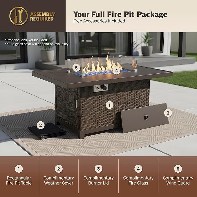 52 Inch Outdoor Fire Pit Table 50000 BTU Propane Fire Pits with Wind Guard and Fire Glass CSA Certified Patio Fire Table Rectangular Aluminum Rattan Fire Table for Outside Patio Backyard Brown