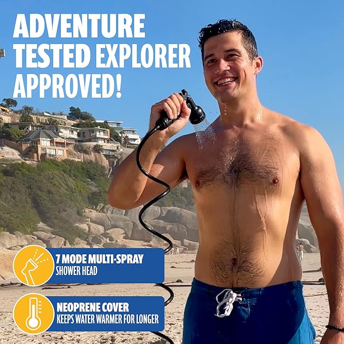 SUN NINJA Portable Shower Bundle 1.3 Gallon with Microfiber Beach Towel Multi-Spray Shower Head Neoprene Cover Keeps Water Warm Quick-Dry &amp Sand-Free Towel Complete Outdoor Cleaning Kit
