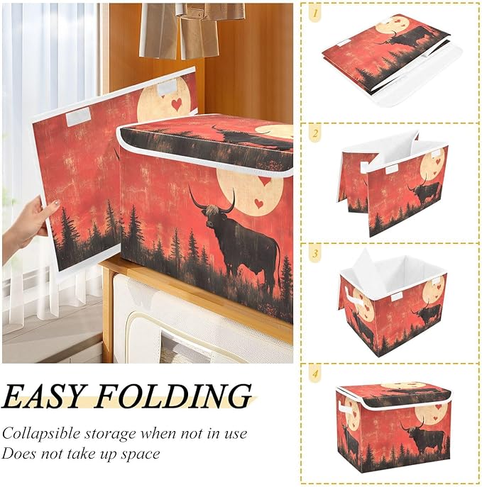 AIXIWAWA Lidded Storage Cube (Cattle Valentine) Fabric Foldable Closet Bins with Flip Lid and Handles Organizer Basket Container 16.5 x 12.6 x 11.8 IN