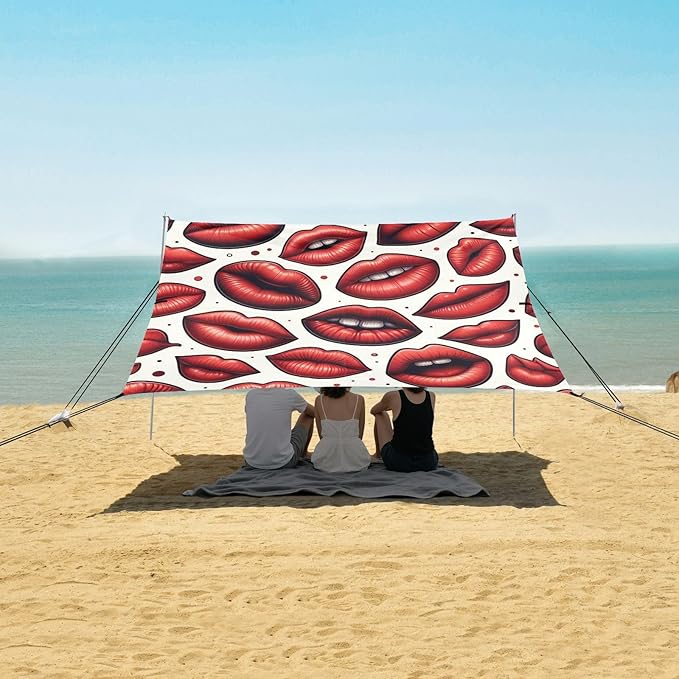ALAZA Red Lips Polka Dots Beach Tent Sun Shelter UPF50+ Protection Beach Shade Canopy w/ 4 Sandbags for Outdoor Camping Fishing Backyard Fun Picnic 10x9 ft