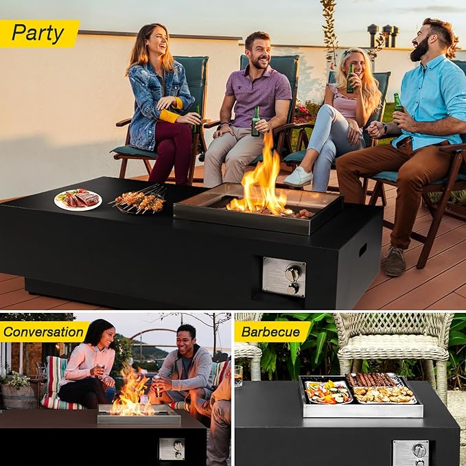 48 Modern Steel Fire Pit Table Set – Low-Profile Propane Gas Fire Table with Tank Cover 50000 BTU for Contemporary Patios &amp Decks