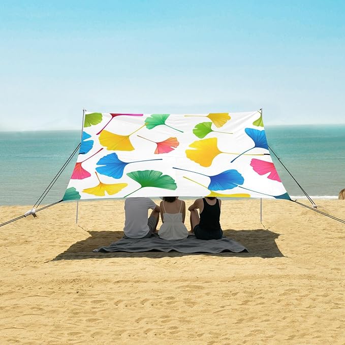 xigua Leaves Beach Tent Sun Shelter with Carrying Bag - Silver Coated Oxford Fabric Beach Canopy for Beach Camping Fishing - Includes Windproof Ropes Sandbags &amp Stakes
