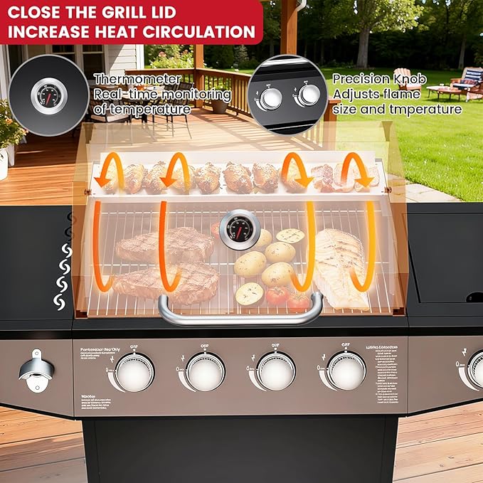 4 Burner Propane Gas Grill Output 50000 BTU Outdoor BBQ Gas Grill with Side Burner Built-in Thermometer &amp Wheels Outdoor Cooking for Patio Backyard BBQ
