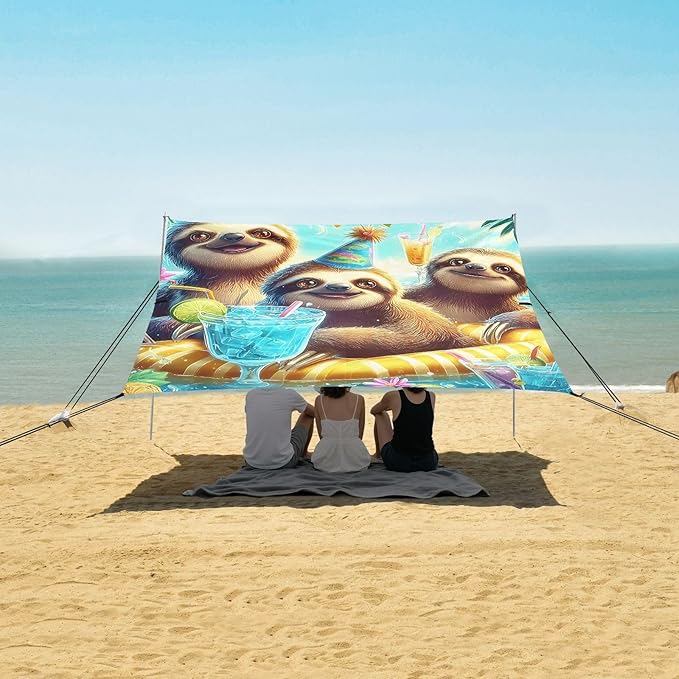 ALAZA Threes Sloth Summer Beach Tent Sun Shelter Portable Canopy Sunshade for Outdoor Camping Picnics Backyard Fun 10x9 ft