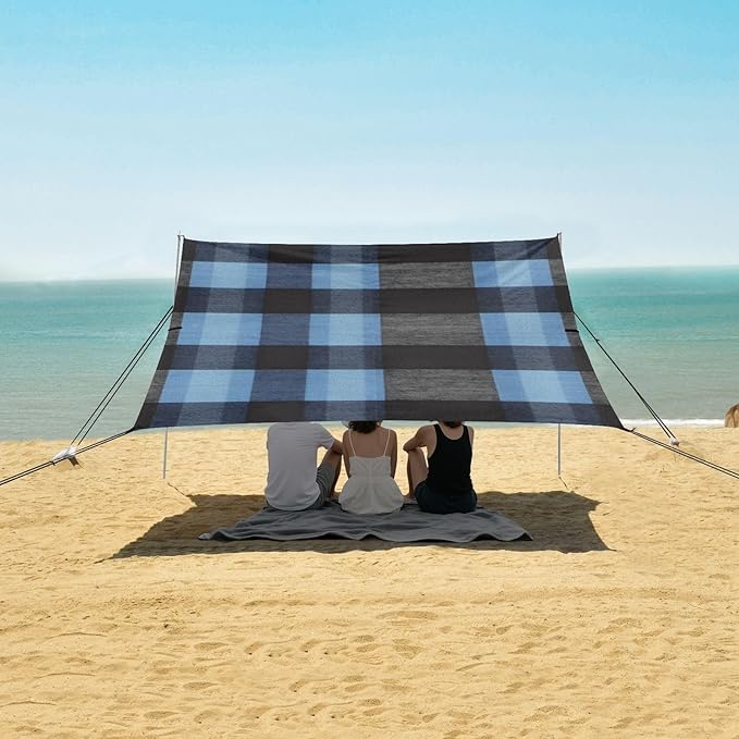 Darkslatebuffalo Turquoise Plaid Check Tartan Scotland Beach Canopy UPF50+ Easy Setup Large Portable Sun Shelter with Sand Shovel for Camping Picnics Backyard