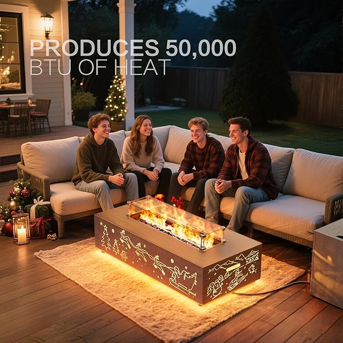 42 Outdoor Fire Pit Table 50000 BTU Gas Fire Pit with Glass Wind Guard Fire Stones Waterproof Cover Propane Fire Pit Table for Outside Patio Hollow-Out (Elk Brown)