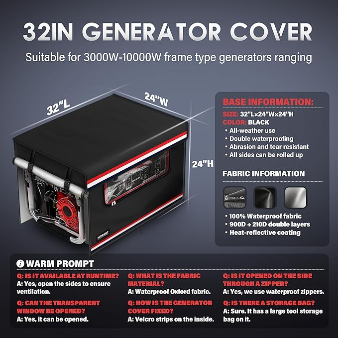 2025 Upgrade 900D+210D Heavy Duty Waterproof. Generator Covers while running. Transparent Viewable Window. 32''L×24''W×24''H. Top Ready To Add Fuel. Black.