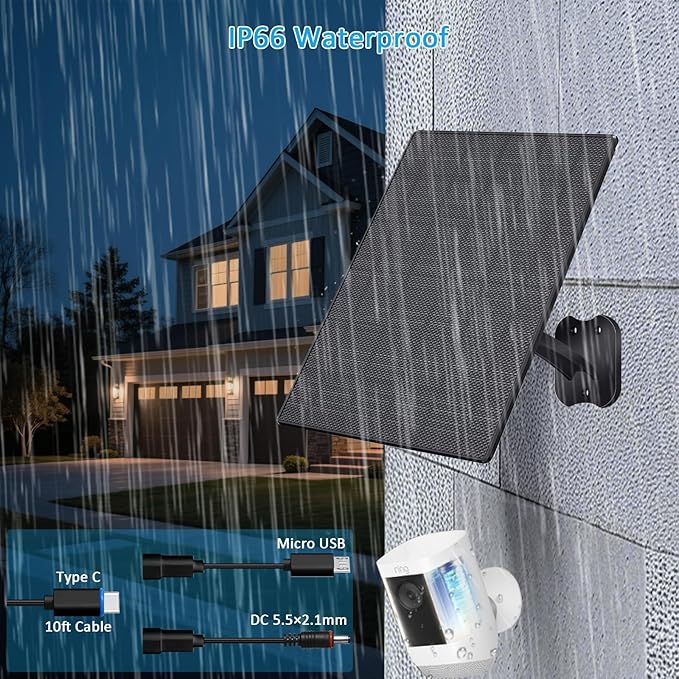 10W Solar Panel for Security Cameras 5V Outdoor Camera Solar Panel with USB-C Cable DC 5.5x2.1mm &amp Micro USB Port IP66 Waterproof with Adjustable Mount &amp 10FT Cable