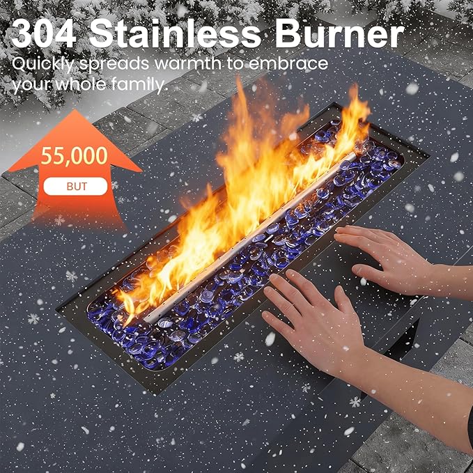 42 Propane Fire Pit Table Set with Tank Holder Rectangle 2-Piece Outdoor Firepit Wind Guard Lid Glass Stones and Cover