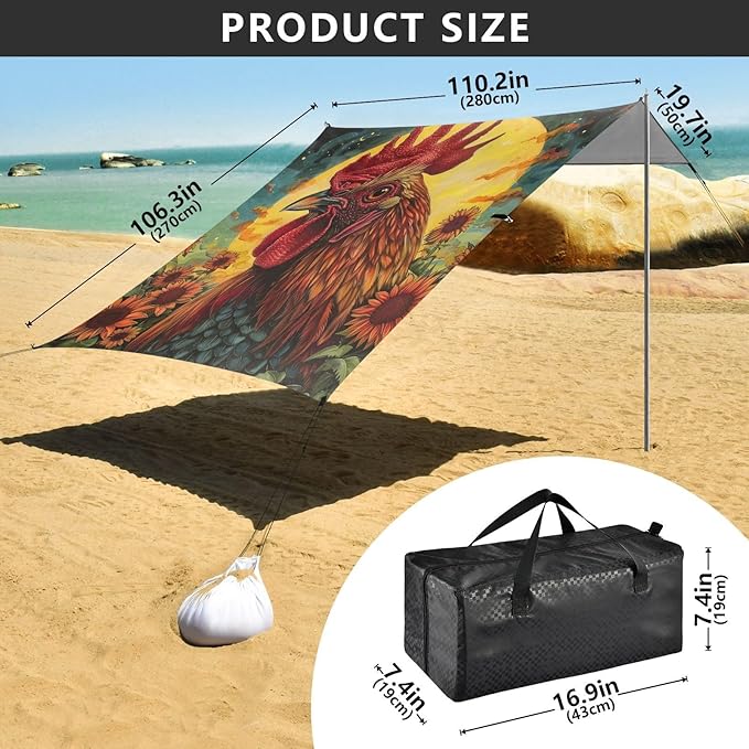 ALAZA Rooster Sun Sunflower Beach Tent Sun Shelter Portable Canopy Sunshade for Outdoor Camping Picnics Backyard Fun 10x9 ft