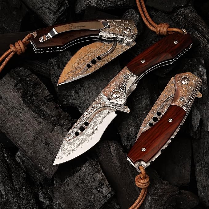 Handmade Japanese Damascus Steel Pocket Folding Knife with Leather Cover and Pocket Clip 2.87-inch Outdoor Camping Fishing Portable Pocket Knife