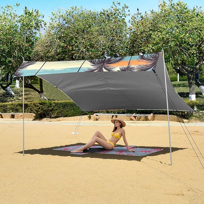 ALAZA Tropical Palm Tree Beach Tent Sun Shelter UPF50+ Protection Beach Shade Canopy w/ 4 Sandbags for Outdoor Camping Fishing Backyard Fun Picnic 10x9 ft