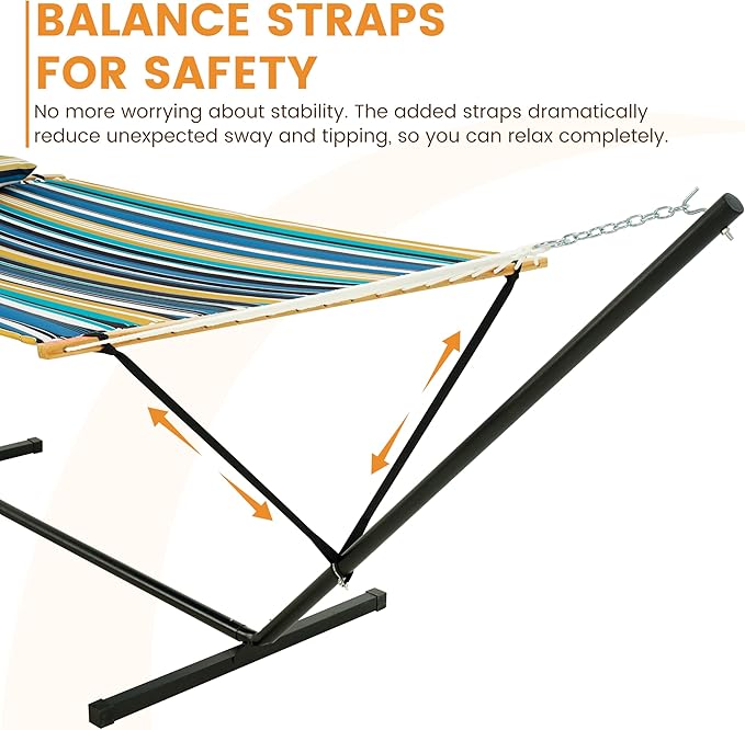 Lazy Daze Hammocks 2 Person Portable Hammock with 12FT Stand for Outside Quilted Double Hammock with Spreader Bar and Detachable Pillow 450lbs Capacity Perfect for Outdoor Patio Beach Stripes