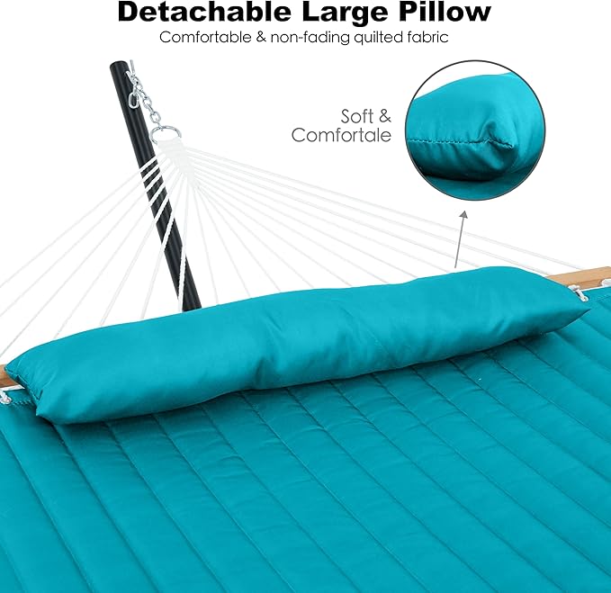GAFETE Hammock 2 Person Quilted Fabric Hammocks for Outside Double 12ft Hammocks with Spreader Bar Large Removable Pillow Storage Bag Carabiners Max 475 lbs Capacity (Canyon Creek Aqua)