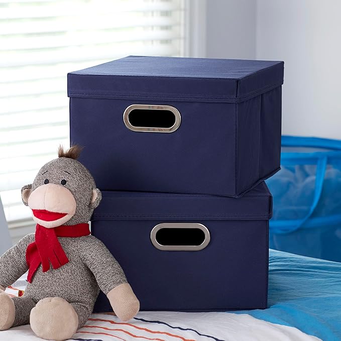 Household Essentials Fabric Storage Boxes with Lids and Handles Blue