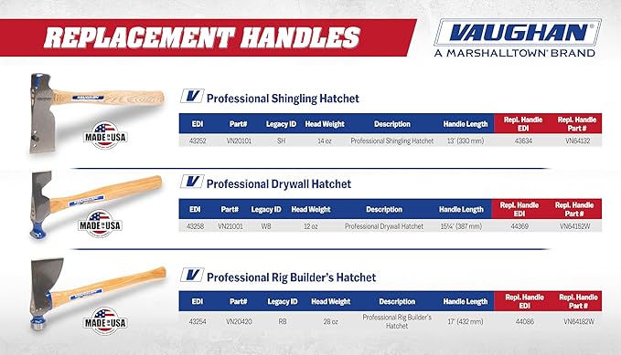 VAUGHAN 28 Ounce Rig Builders Hatchet Hickory Handle Made in the USA RB VN20420