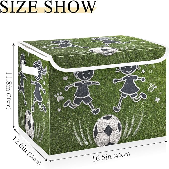 Green Kids Soccer Grass Star Storage Box with Lid 1 PC Foldable Storage Bin with Lids Stackable Storage Bins Cube Closet Organizer Basket with Flip-Top Lid &amp Handles for Shoes Books Towels