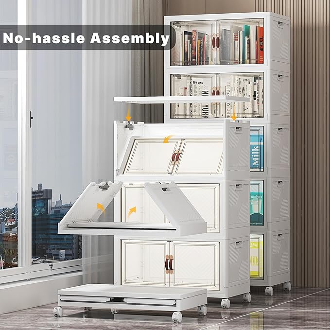 UAMFURI Stackable Storage Bins with Lids 260QT Closet Organizers and Storage with Doors and Wheels Extra Large Storage Cabinet Collapsible Plastic Drawers for Bedroom Dorm Office Garage