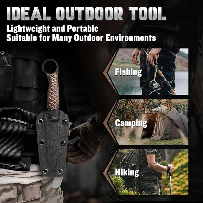 Tanto Fixed Blade Knife - Full Tang Survival Knife for Bushcraft - Camping Knives with Sheath - Black Knives Forged from a Single Piece of D2 Steel - Ideal Gift for Men - Brown
