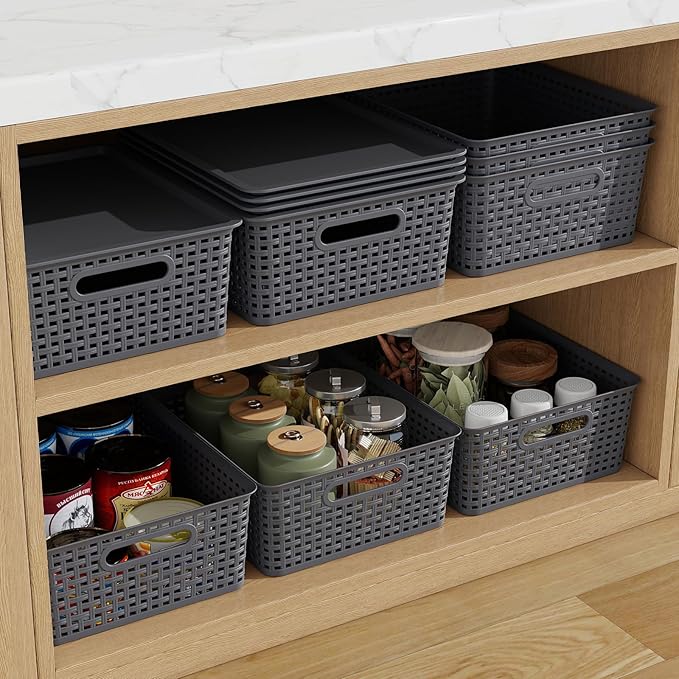 13 Quart Plastic Storage Baskets with Lid Weave Organizing Bins Gray 6 Packs
