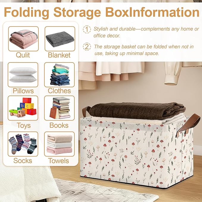 Storage Bin with Handles Little Mushroom Flower Collapsible Laundry Baskets for Books Laundry - Use in Nursery Closet Organizers and Storage Blanket Basket