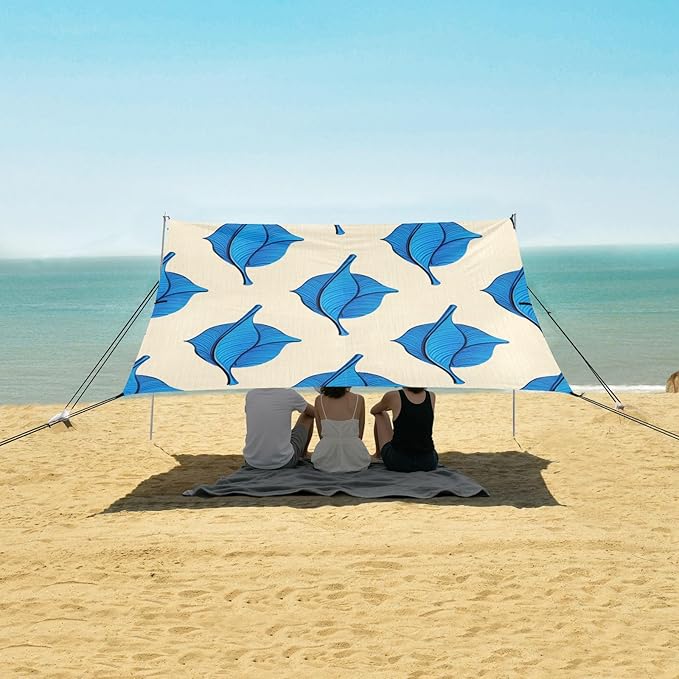 xigua Leaves Beach Tent Sun Shelter with Carrying Bag - Silver Coated Oxford Fabric Beach Canopy for Beach Camping Fishing - Includes Windproof Ropes Sandbags &amp Stakes