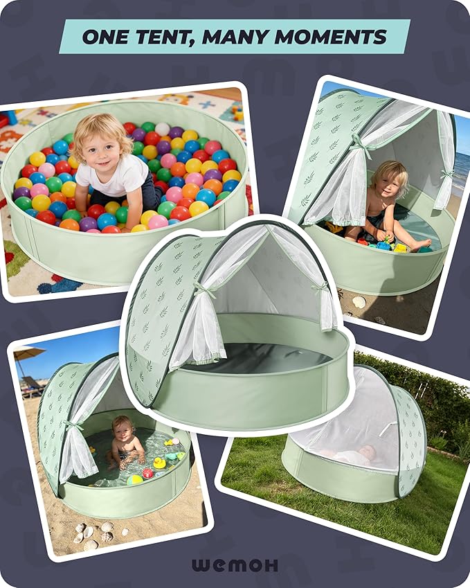 Baby Beach Tent with Pool 3-in-1 Upgrade Pop Up UPF 50+ Sun Protection Shelter with Mosquito Net Babies Toddlers Portable Outdoor Summer Essentials for Beach Backyard Indoor- Green Leaves