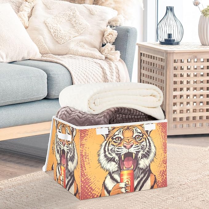 Storage Cube with Lid Animal with Drink Print 16.5×12.6×11.8 IN Collapsible Large Capacity Foldable Storage Basket Bin Organizer
