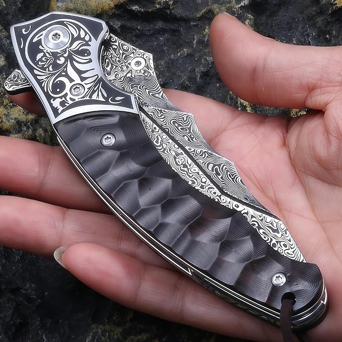 Damascus Steel Folding Knife Hunting Knives &amp Tools Personalized Engraving HRC 58-60 Damascus Hunting Knife with Leather Sheath Lightweight Outdoor Knife for Backpacking Men Gifts