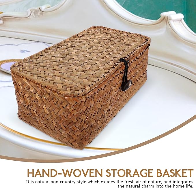 Rattan Basket with Lid Seagrass Baskets with Lid Flat Rattan Storage Bins with Button for Shelf Closet Bedroom
