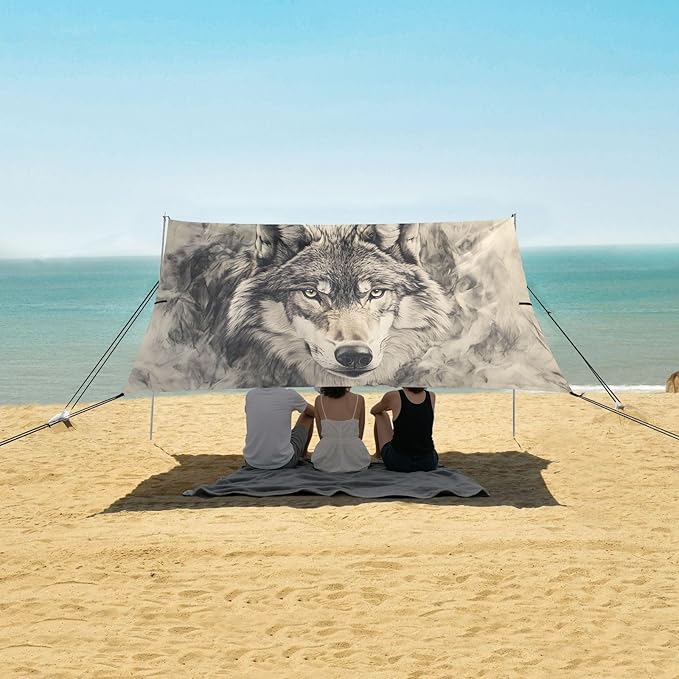 Dangerous Wolf Beach Tent Sun Shelter Set UPF50+ UV Protection 10.5 x 9.19 FT Camping Shade Canopy with Sandbags Sand Anchors Carrying Bag and Others