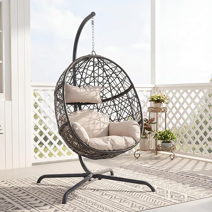 NICESOUL Bird Cage Swing Egg Chair UV/Water-Resistant 450lbs Capacity Wicker Swinging Chairs with Stand Comfy Oversized Hanging Seat w/Cushion Metal Frame &amp Cover for Indoor Outdoor Grey &amp