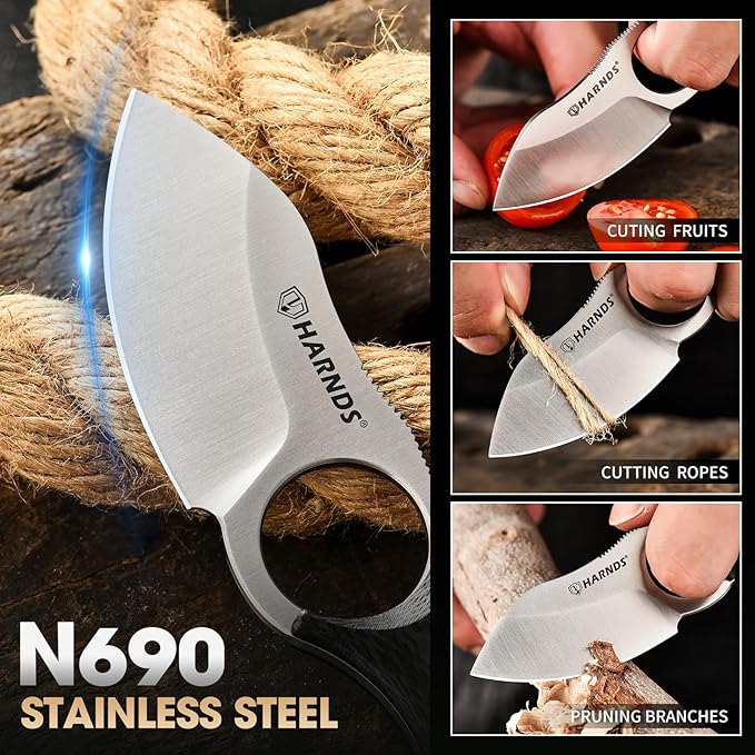 Harnds Small Fixed Blade Knife Full Tang Camping EDC with N690 Steel and Carbon Fiber Handle for Fishing and Skinning Eggplant