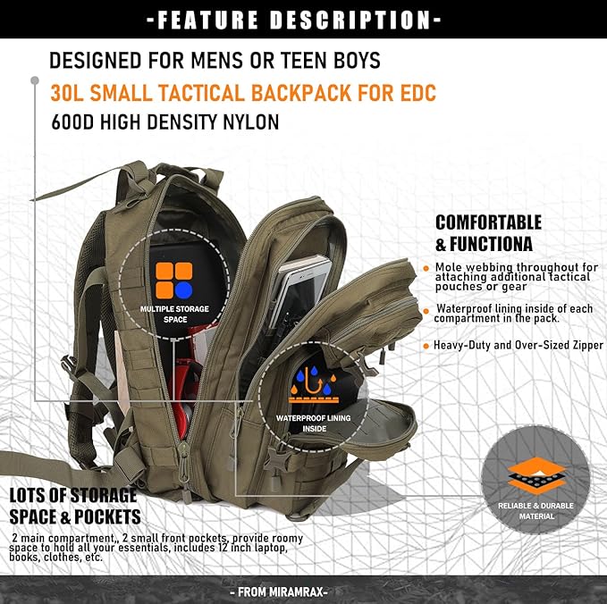 Miramrax Small Tactical Backpack Military Daypack - 30L Backpack for Men Molle Assault Pack Bug Out Bag for Hiking Camping Travel Army Hunting Rucksack Trekking (Green)